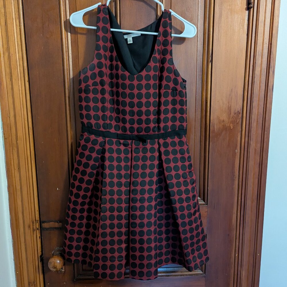 Lauren Conrad Burgundy dress with Black Polka Dots- Skater vibe with Box pleats